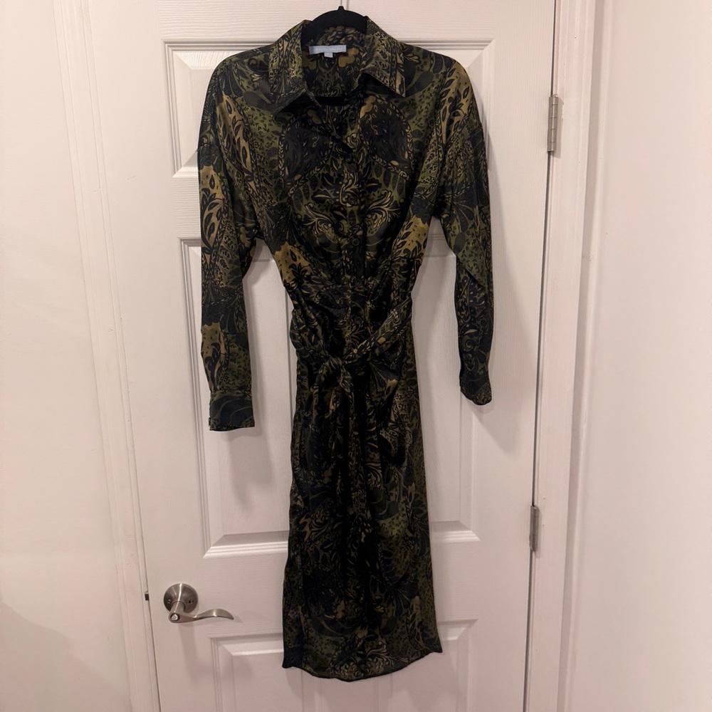 ANTONIO MELANI Olive and Black Long‎ Sleeve Dress 0 Paisleu Print Collared Belt